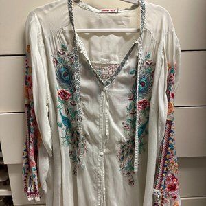 Johnny Was Embroidered Button-Down Peacock Sable Blouse Tunic Top C90708